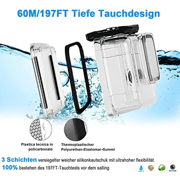 FiTSTILL 60M Wasserdichtes Gehäuse für GoPro Hero 13/12/11/10/9 Black, Schützende Unterwasser-Tauchschale mit Halterungszubehör und optischer Glaslinse – Bild 5