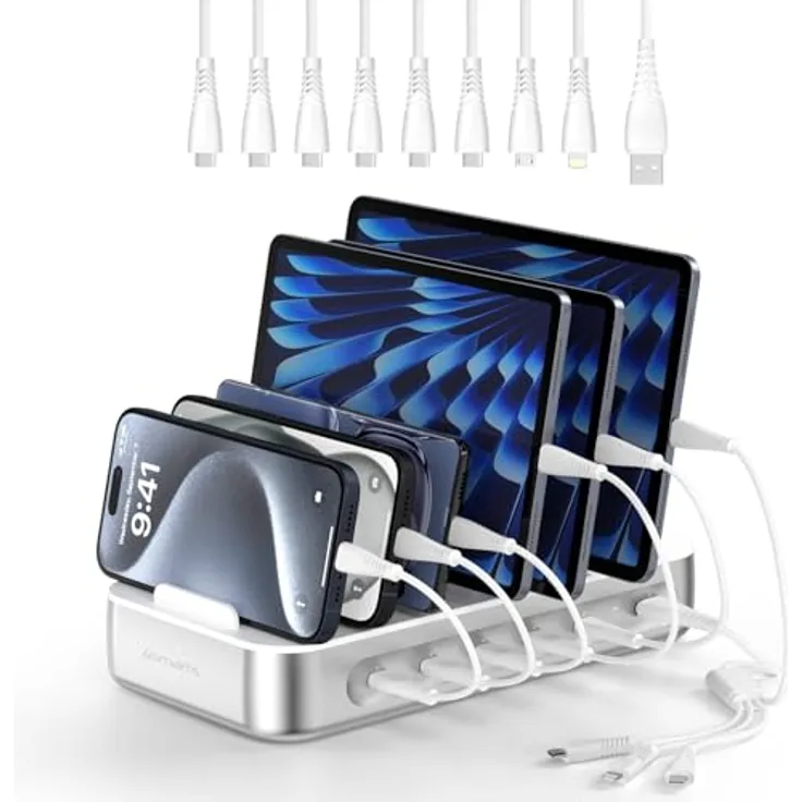 4smarts Ladestation Team 100W 5C/1A, Ladegerät für bis zu 9 Geräte, inkl. 5 USB-C-Kabel und 4in1-Kabel, Schnellladung, Silber