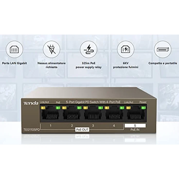 Tenda TEG1105PD, Gigabit Ethernet Switch (10/100/1000) mit 5 Ports und Power over Ethernet, Braun – Bild 5