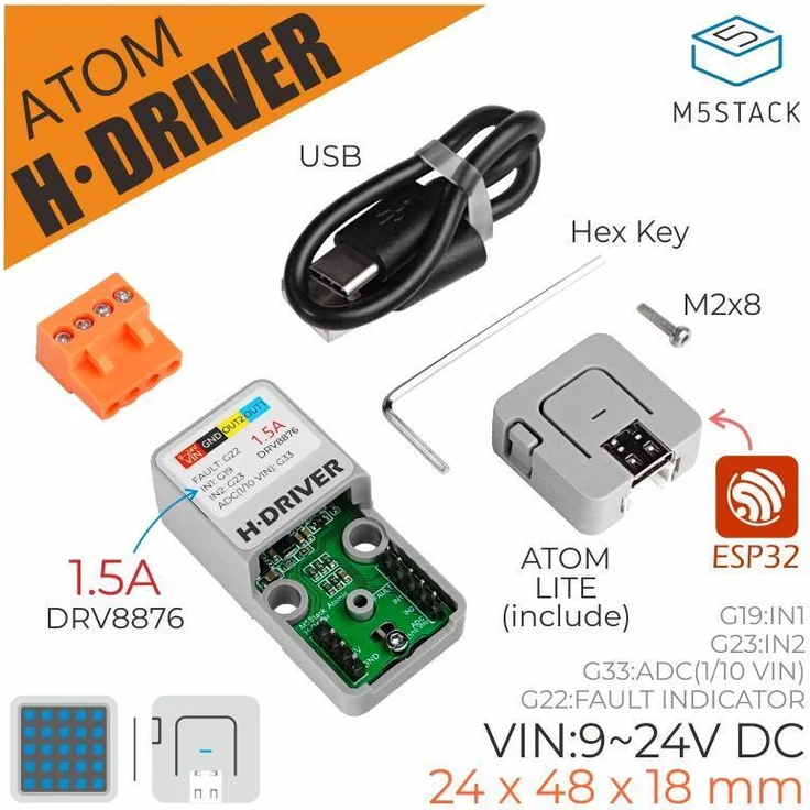 M5Stack ATOM H-Bridge Treiber Kit (DRV8876), H-Brückenmotortreiber mit 1,5A Leistung, integrierten Schutzfunktionen und 9-24V DC Eingang
