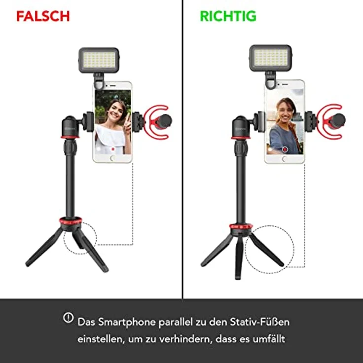 BOYA Walimex pro Smartphone Video Kit VG350 I Video Stabilisator I Video Rig mit Mikrofon, Mini LED Licht, Dreibein Stativ, universellem Smartphone-Halter und Fell-Windschutz I mobiles Vlogging Kit – Bild 3
