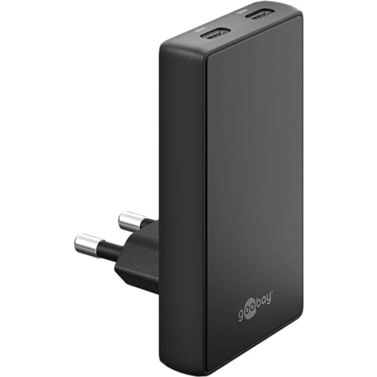 goobay 65W Flaches GaN USB C Ladegerät, Dual-Port Schnellladegerät mit 90° Flat Design, ultraflach & platzsparend, für Apple, Samsung, Huawei, Schwarz – 75725 – Bild 1
