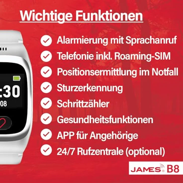 James B8 (Weiss) Notruf- und Sicherheitsuhr für Senioren, Sturzerkennung, Notruf-Knopf & GPS-Ortung, Gesundheitsfunktionen, Familien-App + Inklusive SIM Karte & Monatstarif – Bild 3