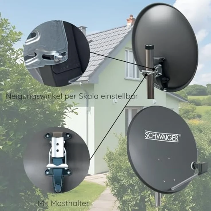 SCHWAIGER Satellitenschüssel Komplettset 55cm, Twin LNB digital HD 4K, wetterfest in Anthrazit mit Masthalterung und Montagematerial für Astra, Hotbird, Eutelsat, Türksat, Amos – Bild 3