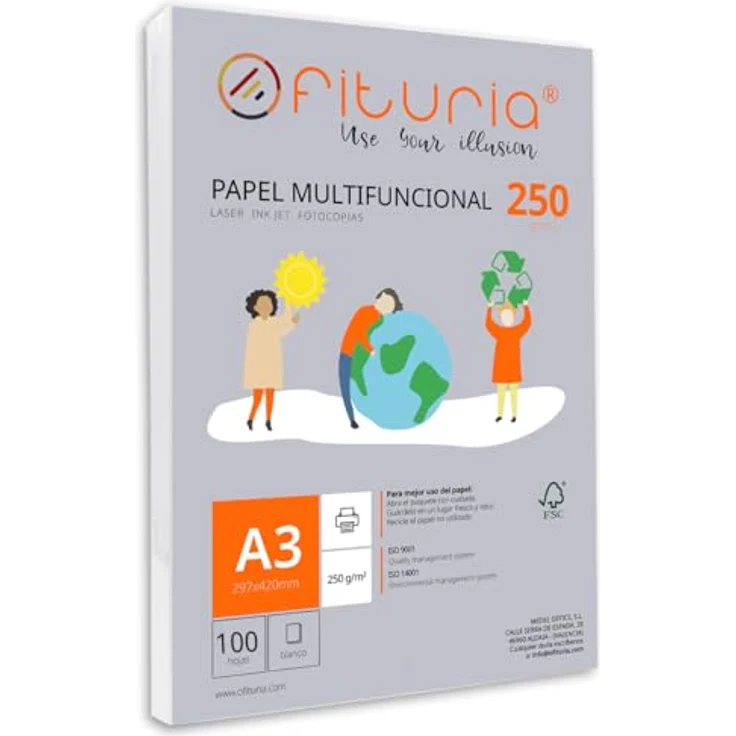 OFITURIA DIN A3 Druckerpapier, Packung mit 100 weißen Blättern, 250g, multifunktional für Laser- und Tintenstrahldrucker, FSC-zertifiziert – Bild 1