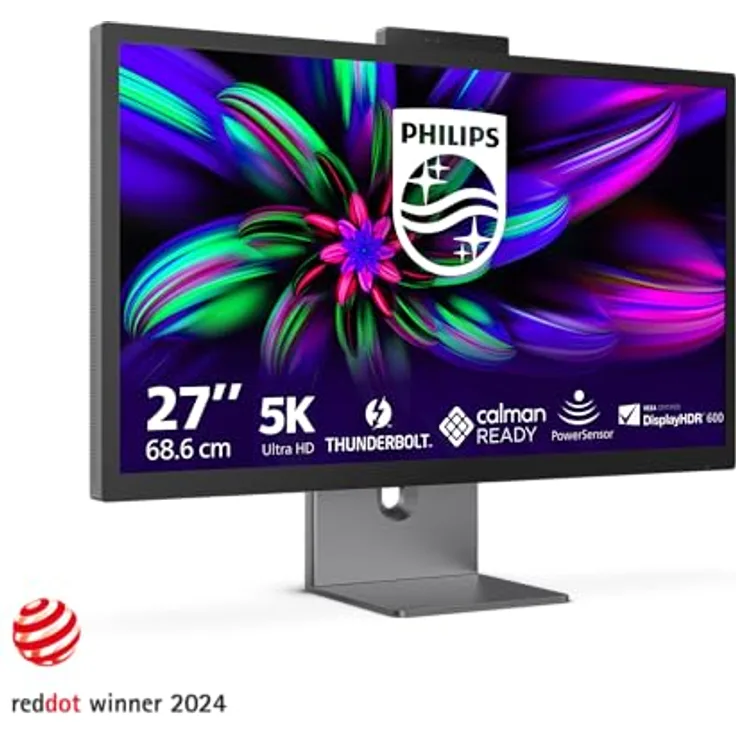 Philips 27E3U7903, 27 Zoll 5K Ultra HD+ Monitor mit Webcam, höhenverstellbar, Lautsprecher, HDR600, USB-C (96 W Power Delivery), grau