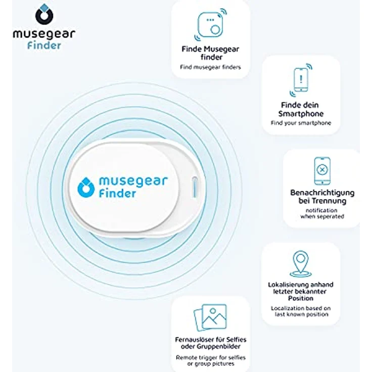musegear Schlüsselfinder Mini mit Bluetooth App in weiß I Laut für Handy I 90m Reichweite & Datenschutz I iOS & Android – Bild 3