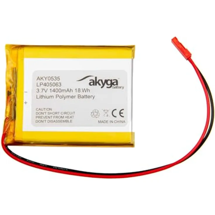 Akyga Li-Po Akku LP405063 AKY0535, 3.7V / 1400mAh mit PCM und 2-Pin JST Stecker, 150mm, Silber
