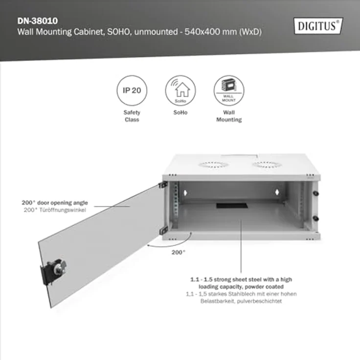 DIGITUS Netzwerkschrank - 19-Zoll Rack 4 HE - Unmontiert - Wandmontage - 400 mm Tiefe - Traglast 60 kg - Glastür - Grau – Bild 4