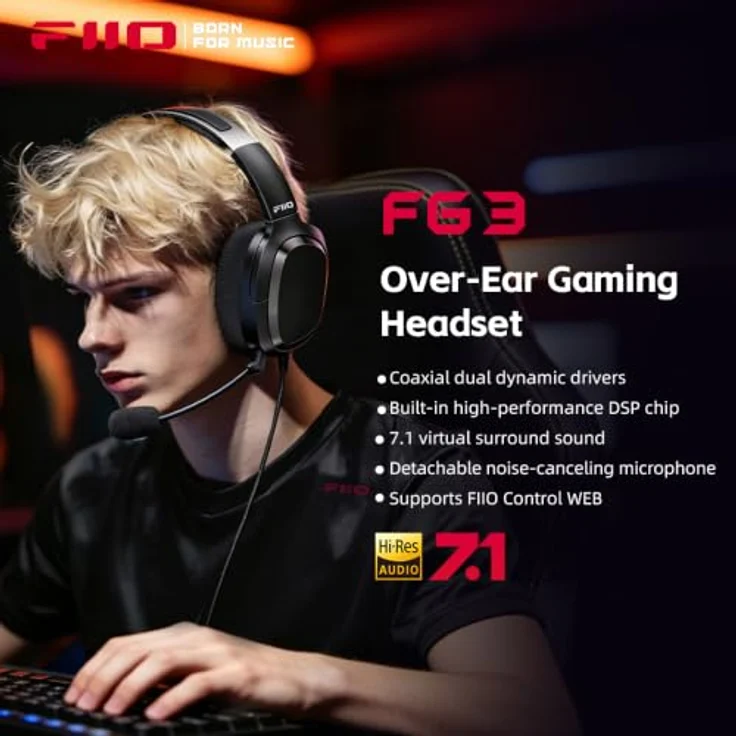 FiiO FG3 Gaming Headset, Dual Dynamic Driver USB Kopfhörer mit abnehmbarem ENC Mikrofon, Virtual 7.1 Surround Sound, Hi-Res DAC, DSP EQ, kompatibel mit PC, PS5, Xbox & Switch – Bild 2