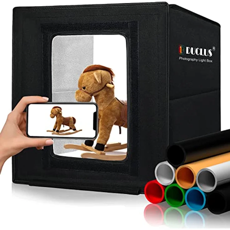 DUCLUS Fotobox zum Fotografieren, 30x30 cm Photobox zum Produktfotografie, Faltbare Mini Fotostudio Set mit Dimmbare 112 LEDs, 8 Glänzende Hintergründe für Lichtzelt zum Schmuck Kleine Gegenstände – Bild 1