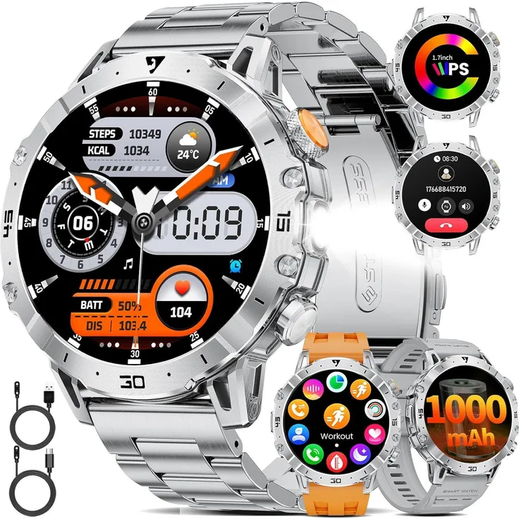 LIGE Herren Smartwatch mit Telefonfunktion, 1000 mAh Akku, 1,7 Zoll HD Display, LED-Taschenlampe, 110+ Sportmodi, IP68