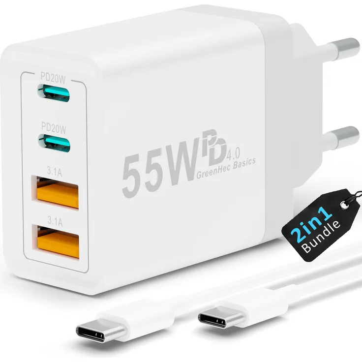 GreenHec USB-C Ladegerät, Netzteil Stecker mehrfach schnellladen - 4in1 Ladestecker Power Adapter für Apple iPhone iPad Google Samsung: 55w Charger + Kabel