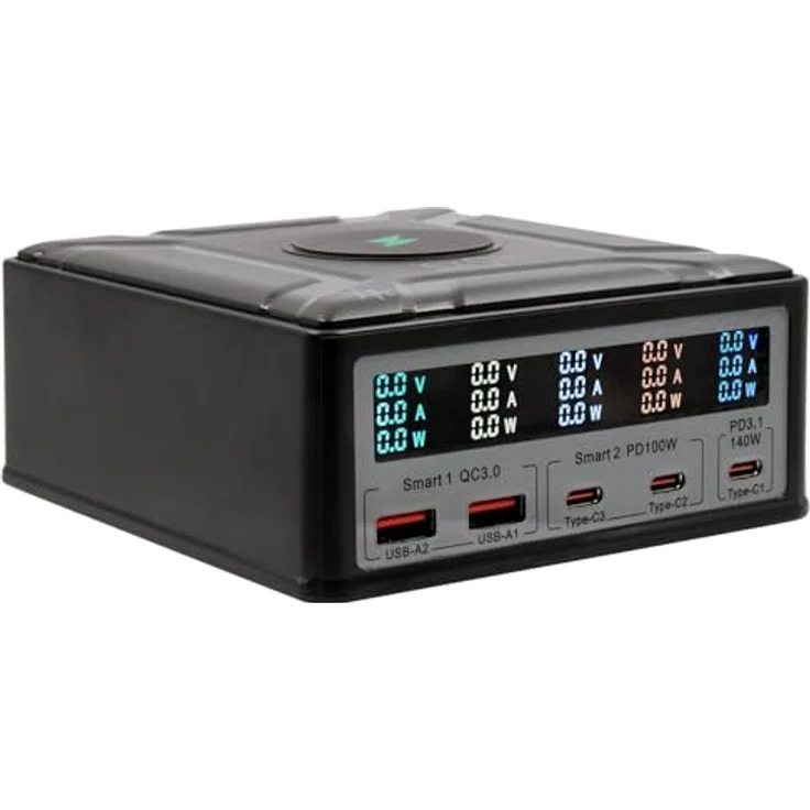 Exsys EX-1107 Multiport High Power Charger, 260W mit QI 15W und USB-C PD, 6 Geräte gleichzeitig ladefähig, Display mit Ladeinfos – Bild 3
