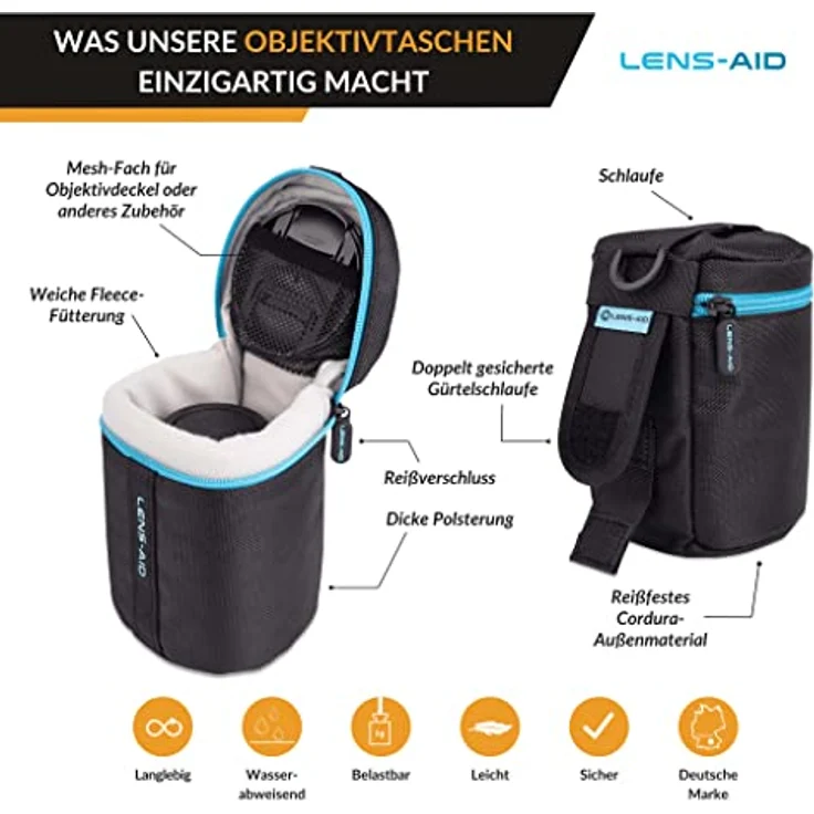 LENS-AID Objektivtasche dick gepolstert: Objektiv-Schutzhülle mit Reißverschluss und Gürtelschnalle – Bild 3