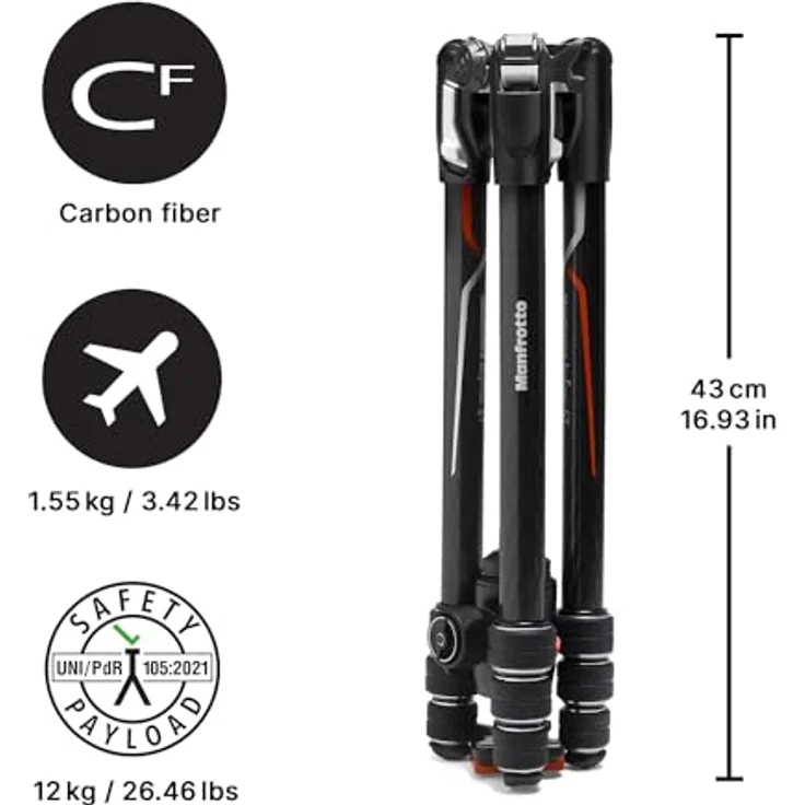 Manfrotto MKBFRTC4GTA-BH Befree GT Carbon Alpha Reisestativ Twist (Drehverschluss) mit Kugelkopf, inkl. Tasche, speziell für Sony Kameras aus Carbon (Traglast: 10kg, Packmaß: 43cm, Gewicht: 1,55kg) – Bild 4