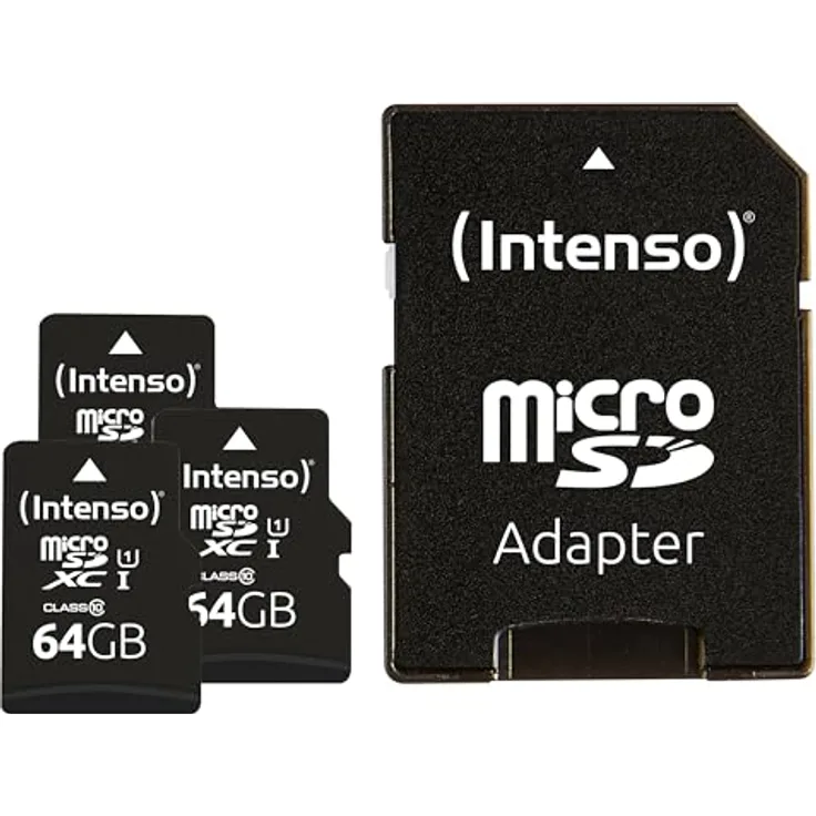 Intenso Premium microSDXC 3er Pack 64GB Class 10 UHS-I Speicherkarte inkl. SD-Adapter, schwarz - Extrem schnelle Lesegeschwindigkeiten bis zu 90 MB/S