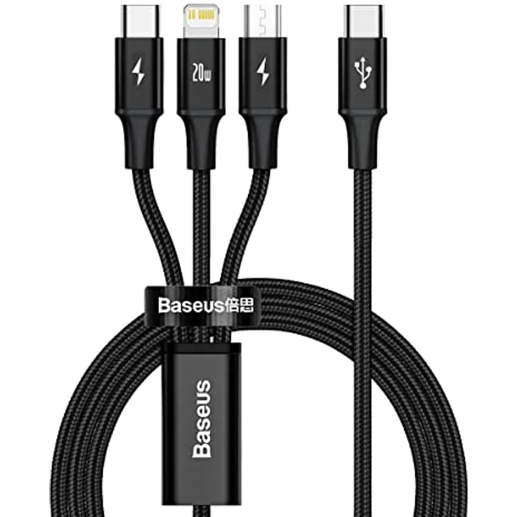 Baseus Rapid Series 3-in-1-Kabel USB-C, Lightning und Micro-USB, 20 W Schnellladung, 1,5 m, Schwarz