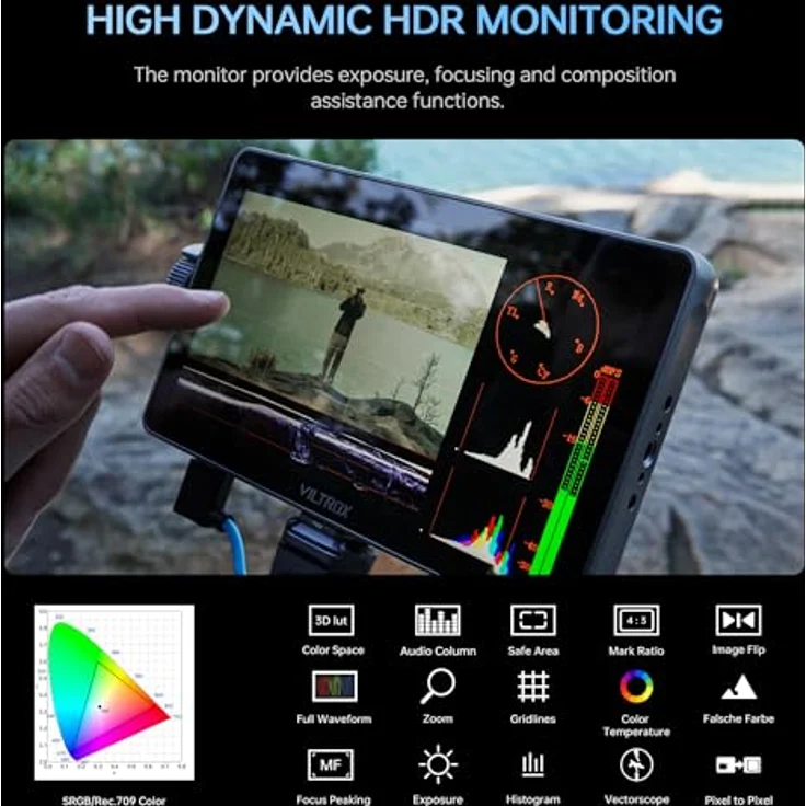 VILTROX DC-A1, 7" Full HD Touchscreen Kamera Field Monitor mit 2800 Nits, 4K HDMI Loop In/Out, 3D LUTs, Waveform, Focus Assist und Akku – Bild 6