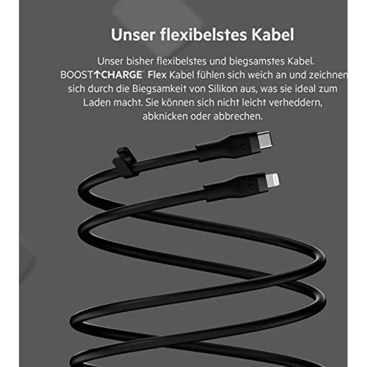 Belkin BoostCharge Flex Silikon-USB-C/Lightning-Kabel, 1 m, MFi-zertifiziert, 20 W, zum Schnellladen mit PD Power Delivery für iPhone 14/14 Plus, 13, 12, Pro, Max, mini, SE und andere Geräte – Schwarz – Bild 4