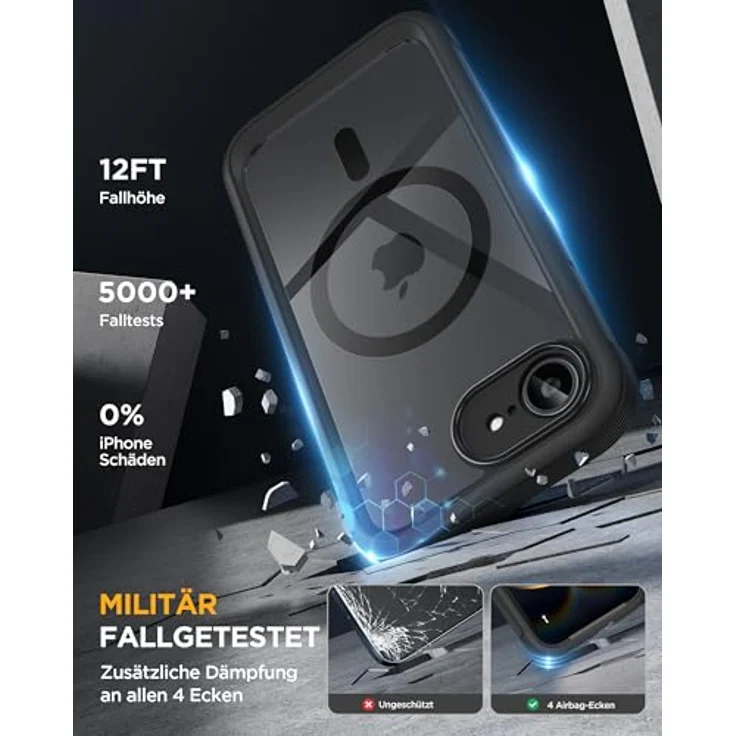 Miracase iPhone 17e & 16e Hülle für MagSafe, 360° Ganzkörper-Stoßfest mit kratzfestem Panzerglas-Schutz, Voll-Kameraschutz, langlebige Handyhülle in Schwarz – Bild 4
