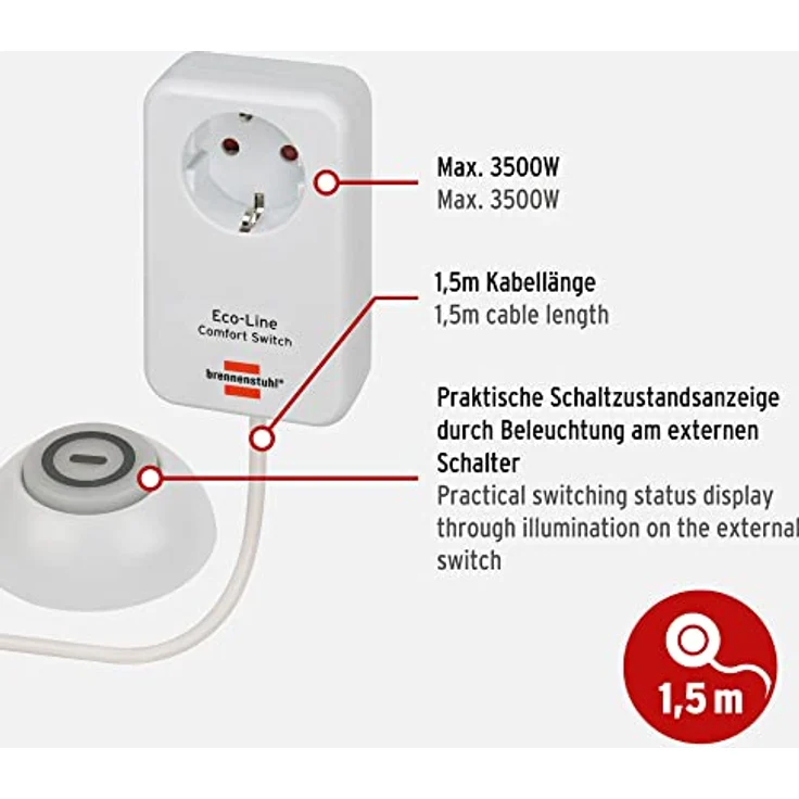 Brennenstuhl Eco Line Comfort Switch Adapter EL CSA 1 (Steckdose mit beleuchtetem Hand--Fußschalter, mit erhöhtem Berührungsschutz, 1,5m Kabel) – Bild 2