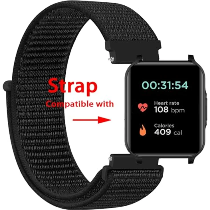 GIOPUEY Nylon Armband für Motorola Moto Watch 70, 20mm Sport Loop, geflochten, leicht, atmungsaktiv, schwarz – Bild 2