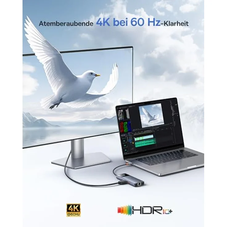 Baseus USB C Hub 10Gbps USB 3.2 Adapter mit LAN Ethernet, 4K@60Hz HDMI, 2 USB-A, USB-C, 100W PD, 6 in 1 Docking Station für iPhone 15, Laptop MacBook/Surface Pro/Dell/iPad/Steam Deck/Rog Ally/Samsung, in Silber – Bild 5