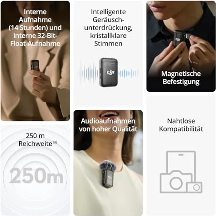 DJI Mic 2 (1 Sender + 1 Empfänger), kabelloses Mikrofon mit intelligenter Rauschunterdrückung, interne 32-Bit-Float-Aufnahme, optimierter Sound, 250 m Reichweite, Mikrofon für iPhone, Android – Bild 2