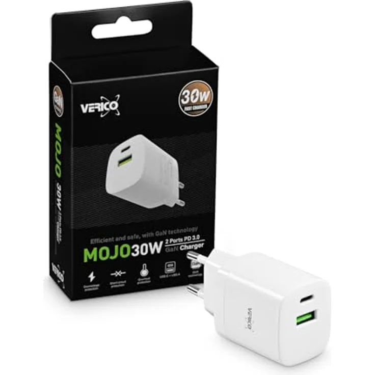 VERICO Power MOJO GaN 30W, 2 Port Ladegerät, PD3.0/QC3.0, 1 x USB-C, 1 x USB-A, Weiss – Bild 3