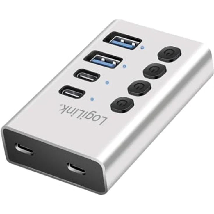 LogiLink UA0446, USB 3.2 Gen1 Hub mit 4-Ports, USB Typ A & C, An-/Ausschalter, Aluminium, inkl. PD 20 W Ladegerät – Bild 1
