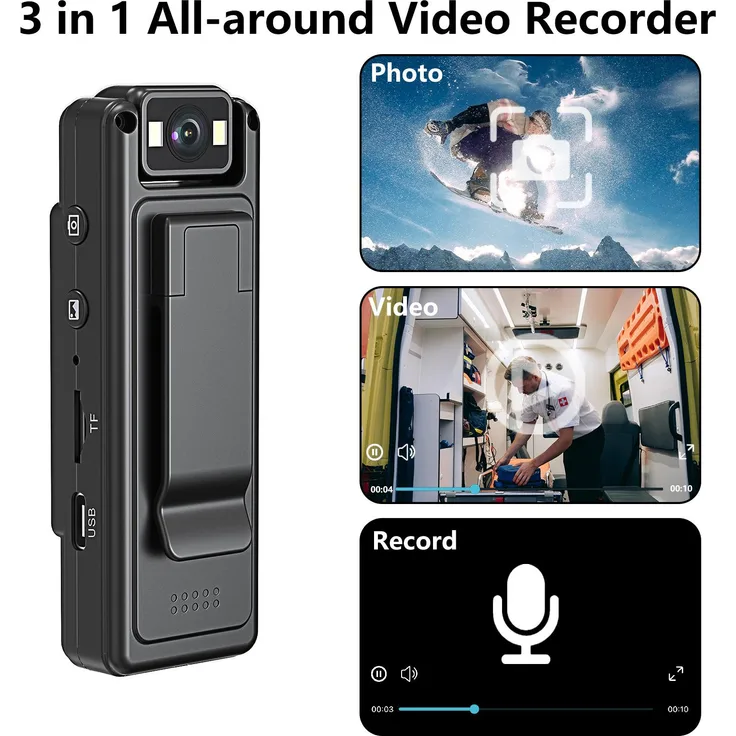 Exlene Mini-Kamera zum Anstecken, tragbar mit WIFI, 1080p Nachtsichtfunktion, 180° drehbares Objektiv, 1200-mAh Akku, max. 128G TF-Speicher