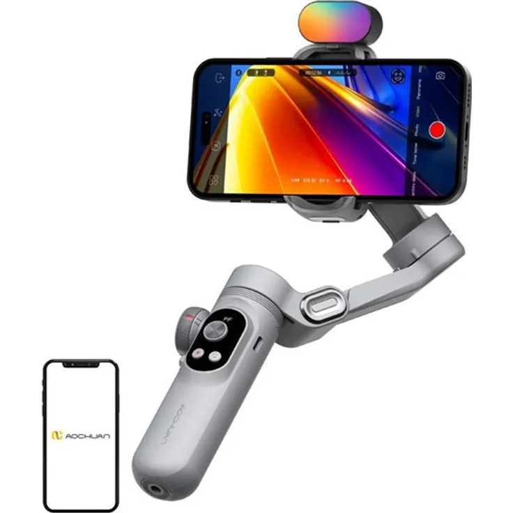 AOCHUAN X Pro Gimbal, 3-Achsen Stabilisierung mit 7-Farben RGB Beleuchtung, Grau, OLED-Display und kabellosem Ladegerät