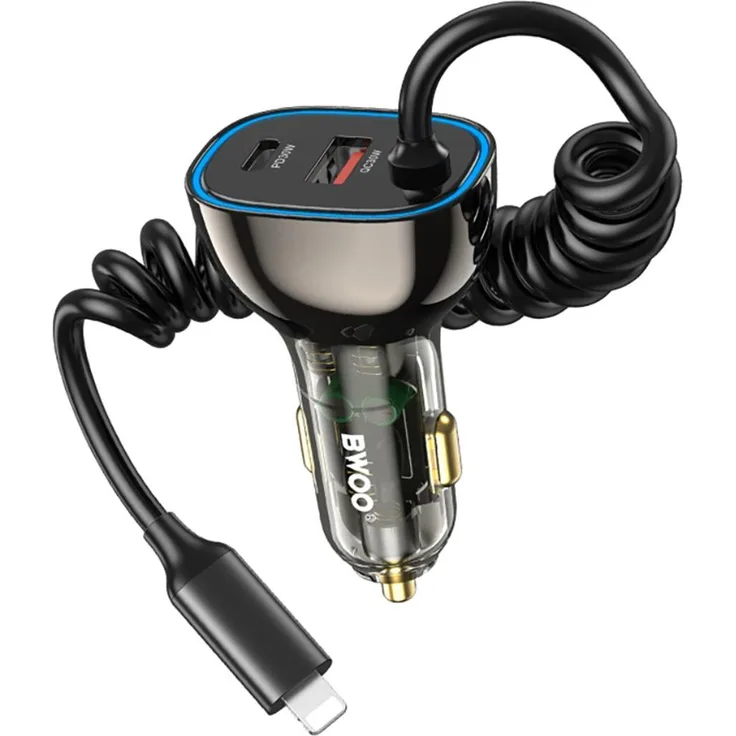 BWOO CC96L 30W PD Kfz-Ladegerät, 1x USB-C & 1x USB-A Anschluss, Schwarz-Grau mit integriertem Lightning-Spiralkabel