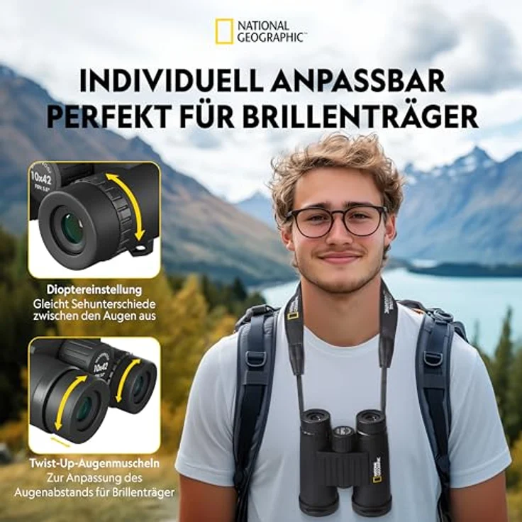 National Geographic Fernglas 10x42 Dachkant, Schwarz, mit 10-facher Vergrößerung und hochwertigen Glaselementen, stabiler Trageriemen und Tasche – Bild 4