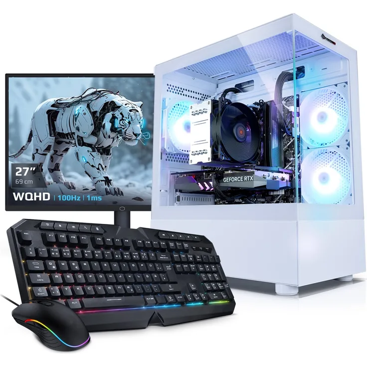 kiebel.de PC Set Gaming Invader XS V, 27 Zoll WQHD Bildschirm, AMD Ryzen 7 5700X, 32GB DDR4, NVIDIA RTX 4060 8GB, 1TB SSD, WLAN, Windows 11, Komplettsystem