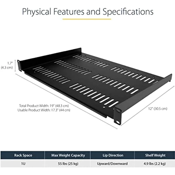 StarTech.com 1U Server Rack Shelf - Universal Vented Rack Mount Cantilever Tray for 48,30cm (19-'-') Network Equipment Rack & Cabinet - Durable Design - Weight Capacity 55lb-25kg - 30,50cm (12-'-') Deep Shelf, Black (SHELF-1U-12-FIXED-V) - Rack - Regal - S - Preisvergleich – Bild 3