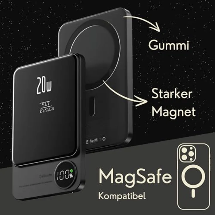 S&T Design Magnetische Powerbank 5000mAh, Kabellose Powerbank für iPhone Serie, PD 20W Mini Powerbank USB-C, Violett – Bild 3