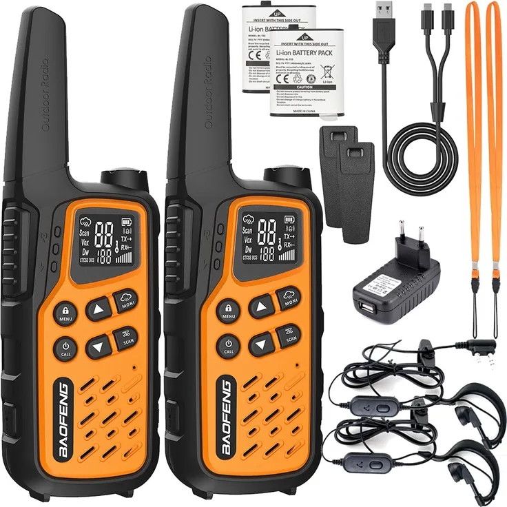 Baofeng BF-T25E, Funkgerät mit 16 Kanälen, VOX-Funktion, wahlweise in Orange, 10 km Reichweite, 2 Stück im Set
