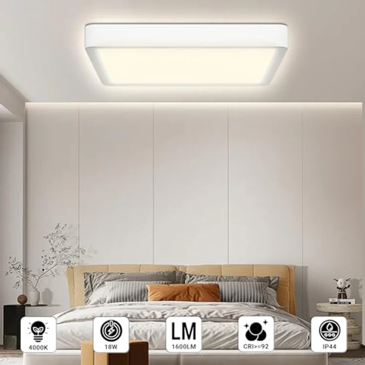 LQWELL® Deckenleuchte LED, IP44 Wasserfest Badlampe 18W 4000K 1600LM Dünn Quadrat Flach, Modern Schlicht Lampe für Wohnzimmer Badezimmer, Weiß 220 * 24mm – Bild 2