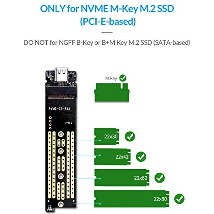ORICO M.2 NVME SSD Gehäuse, USB-C Adapter USB 3.1 Gen2 (10Gbps) Externe M2 Gehäuse für PCIe M-Key/B+M Key NVMe SSD 2230/2242/2260/2280, Blau -TCM2 – Bild 3