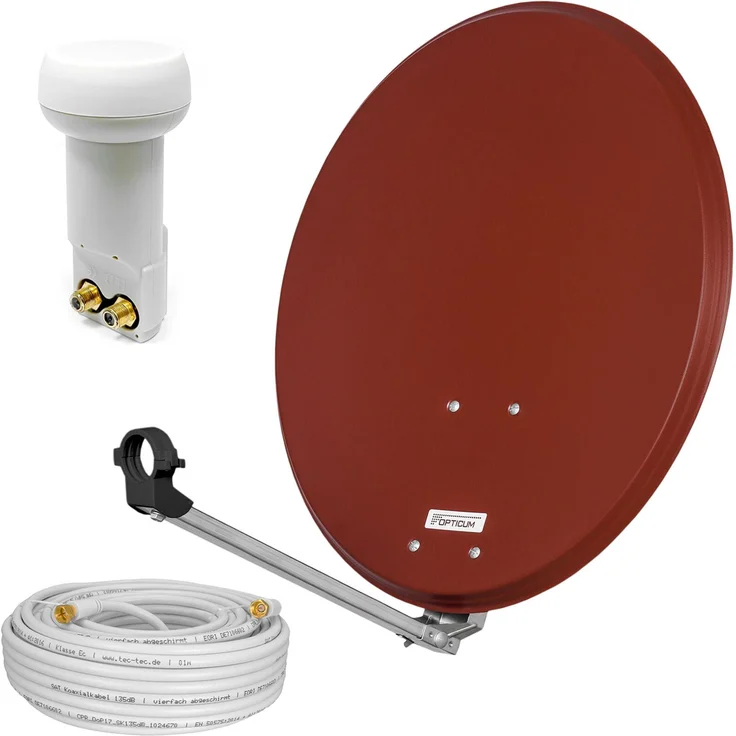 hb-digital Satellitenanlage 60cm rot, Twin LNB mit 10m Koaxialkabel für 2 Receiver