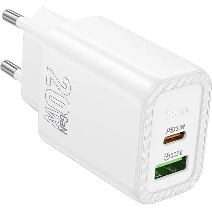 Hoco 20W GaN Ladegerät, Schnellladegerät mit USB-C PD und USB-A QC 3.0, kompakt, weiß