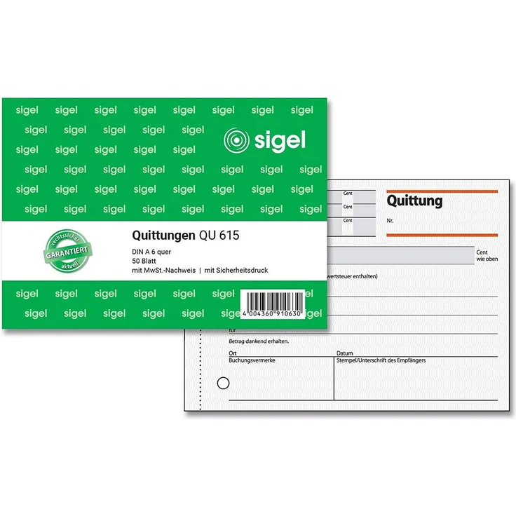 Sigel Formularblock QU615 "Quittung", A6 quer mit MwSt.-Nachweis, 50 Blatt, Sicherheitsdruck und Mikroperforation – Bild 1
