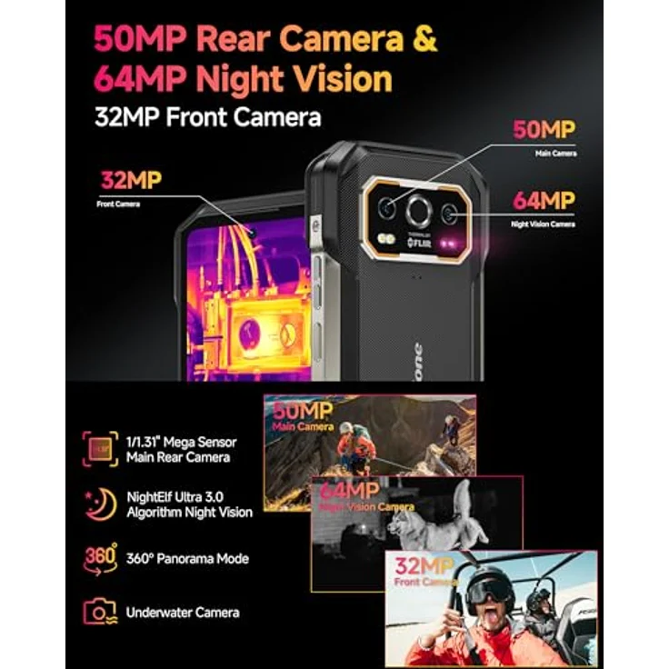 Ulefone Armor 27T Pro Outdoor Smartphone 5G Android 14 Handy 24GB + 256GB/SD-2TB 10600mAh Akku, 6.78 Zoll FHD+ 120Hz mit Wärmebildkamera, 64MP+50MP Kamera, unterstützt 33W Schnellladung GPS/NFC/OTG, Schwarz – Bild 5