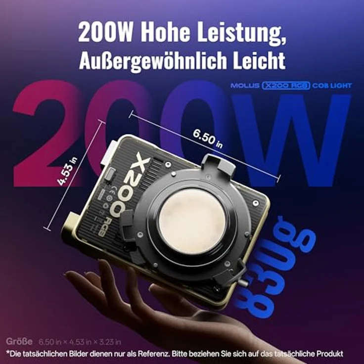 ZHIYUN MOLUS X200 RGB, 200W Videoleuchte mit Bowens-Mount, 2500K~10000K, CRI≥95, ultra-portabel, nur 830g für YouTube – Bild 3
