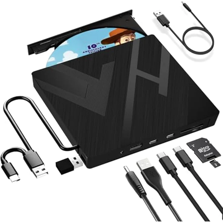 JBonest Externes CD DVD Laufwerk USB 3.0 Typ-C, Extern mit SD/TF-Kartenleser Portable RW Brenner,Schnelle Datenübertragung für Laptop,Desktop,MacBook,Win11/10/8/7/XP, Linux,Mac OS,Vista – Bild 1