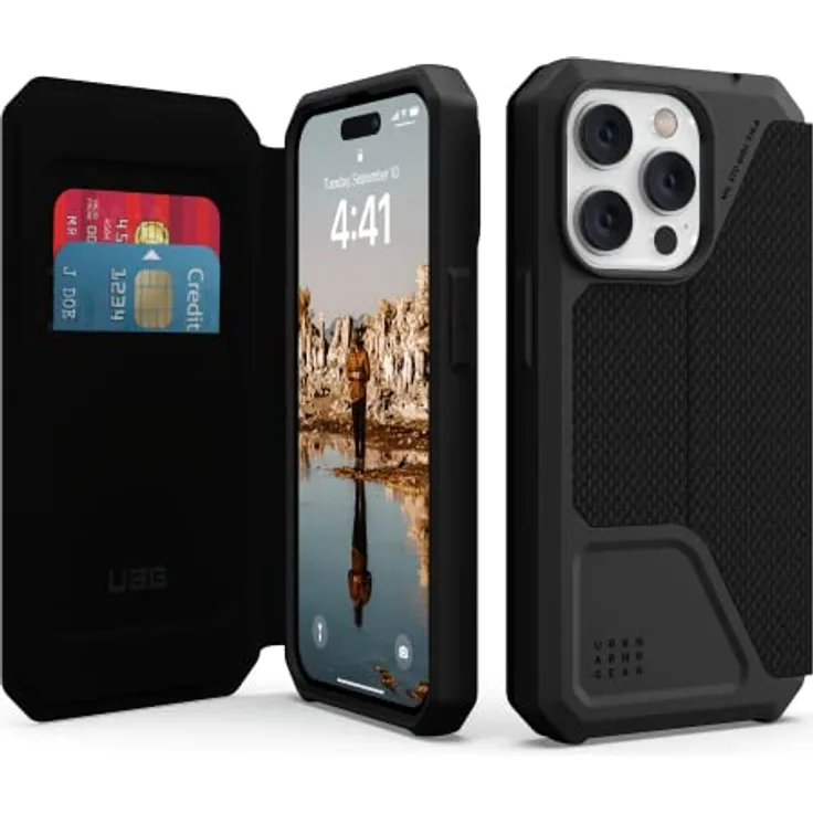 Urban Armor Gear Metropolis Folio Hülle kompatibel mit Apple iPhone 14 Pro [Wireless Charging (Qi) kompatibles Cover, Case mit Standfunktion & Kartenfächern] Kevlar schwarz, 114046113940