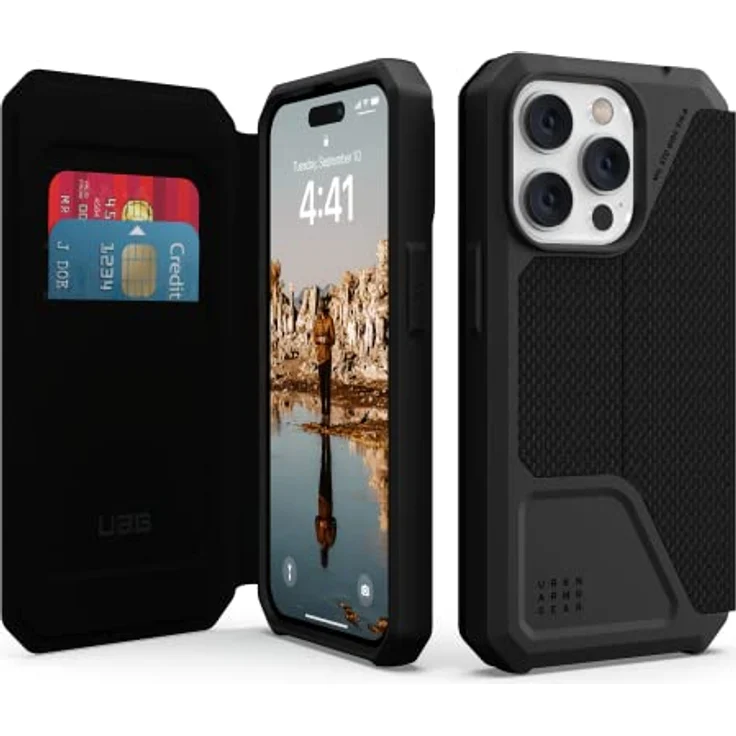 Urban Armor Gear Metropolis Folio Hülle kompatibel mit Apple iPhone 14 Pro [Wireless Charging (Qi) kompatibles Cover, Case mit Standfunktion & Kartenfächern] Kevlar schwarz, 114046113940 – Bild 1