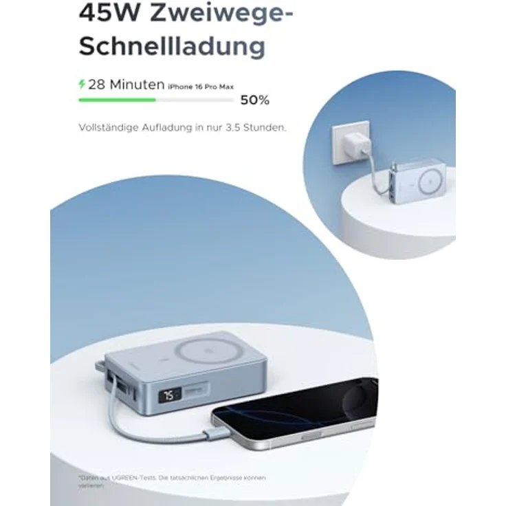 UGREEN MagFlow Magnetische Powerbank 10000mAh, 25W Qi2 MagSafe, integriertes 30W PD-Kabel, LED-Bildschirm, für iPhone 17 Pro und Pro Max – Bild 3